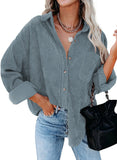 Light Blue Womens Corduroy Button Down Shirts Boyfriend Long Sleeve Oversized Blouses Tops - Dokotoo | Women's Tops and Blouses