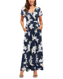 Blue Whie Flower Ladies Summer Casual V Neck Short Long Sleeve Floral Pattern Wrap Ladies Maxi Long Dress with Pockets - OUGES | Women's Evening Gowns