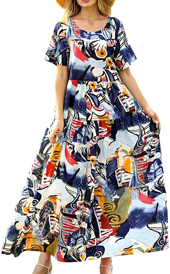 Blue White Flower Women Casual Loose Bohemian Floral Dress with Pockets Short Sleeve Long Maxi Summer Beach Swing Dress - Yesno | Women's Casual Dresses