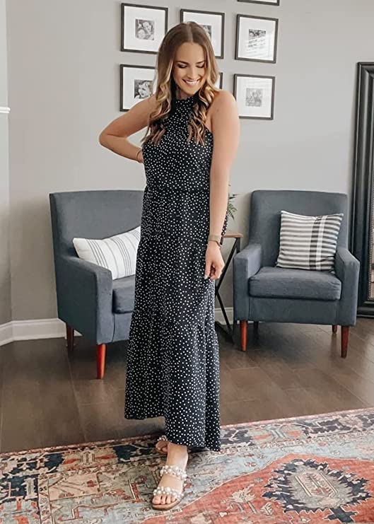 Black Women's Casual Halter Neck Sleeveless Floral Long Maxi Dress Backless Loose Ruffle Sundress with Belt - PRETTYGARDEN | Women's Formal Dresses