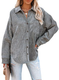 Light Grey Womens Corduroy Button Down Shirts Boyfriend Long Sleeve Oversized Blouses Tops - Dokotoo