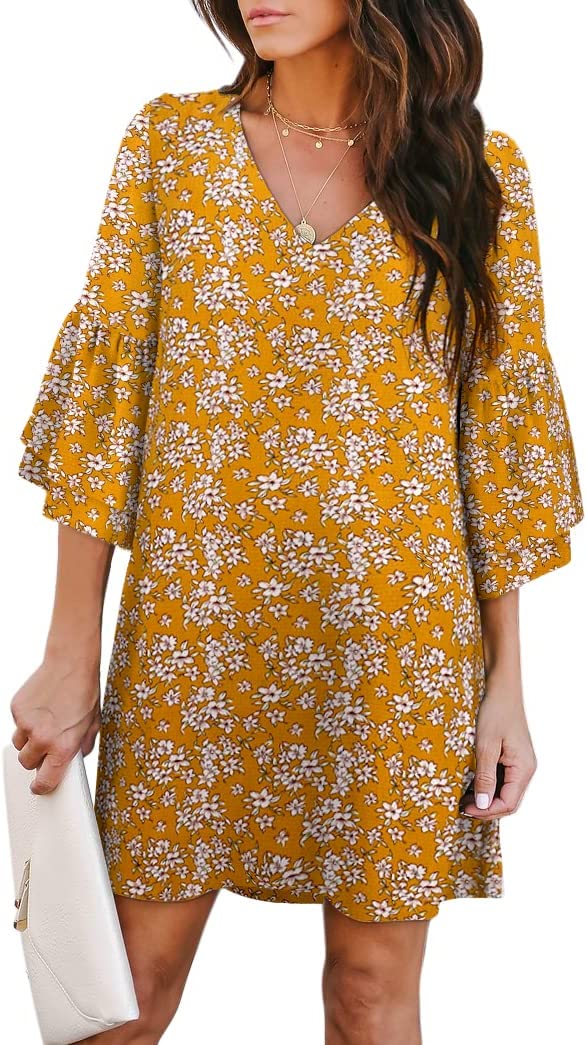 Small Yellow Flora Women's Dress Sweet & Cute V-Neck Bell Sleeve Shift Dress Mini Dress - BELONGSCI | Women's Casual Dresses