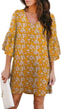 Small Yellow Flora Women's Dress Sweet & Cute V-Neck Bell Sleeve Shift Dress Mini Dress - BELONGSCI | Women's Casual Dresses