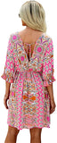 Floral Print Red Women's Boho Tribal Print Short Sleeve V Neck Tie Back Summer Shift Dress - Romwe | Women's Casual Dresses
