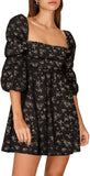 Black Floral Womens Square Neck Dress Long Puff Sleeve A-Line Casual Short Mini Dress - Exlura | Women's Casual Dresses