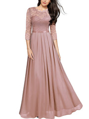 Pink Ladies Wedding Style Lace Sleeve Bridesmaid Maxi Dress - MIUSOL