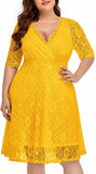Mustard Yellow Women Lace V Neck Plus Size Half Sleeve Knee Length Cocktail Wedding Guest Swing Dress - Pinup | Women's Cocktail Dresses
