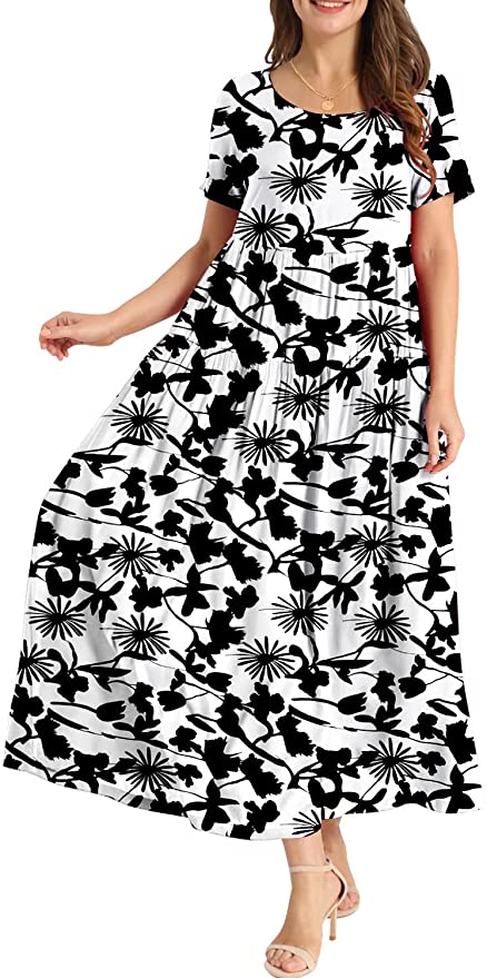 Black White Flower Women Casual Loose Bohemian Floral Dress with Pockets Short Sleeve Long Maxi Summer Beach Swing Dress - Yesno | Women's Casual Dresses