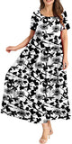 Black White Flower Women Casual Loose Bohemian Floral Dress with Pockets Short Sleeve Long Maxi Summer Beach Swing Dress - Yesno | Women's Casual Dresses