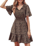 Leopard Women's Summer Boho Short Dresses Floral Print Tie Neck Short Sleeve Elastic High Waist Ruffle Mini Skater Dress Khaki - Prettygarden | Women's Casual Dresses