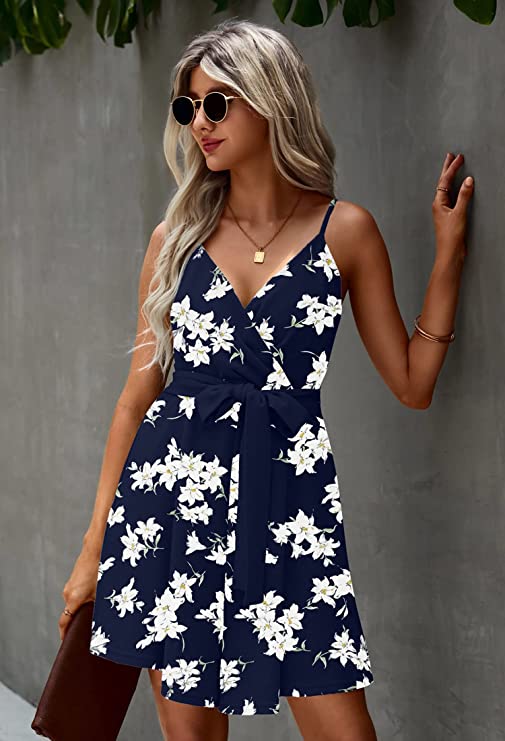 Navy Blue White Women's Sexy V Neck Printed Spaghetti Strap Beach Romper Shorts Jumpsuit - Angashion | Women's Cocktail Dresses