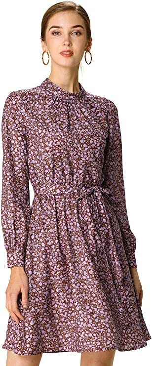 Brown Mock Neck Long Sleeve Tie Waist Flare Floral Midi Dress - Allegra K | Women's Casual Dresses