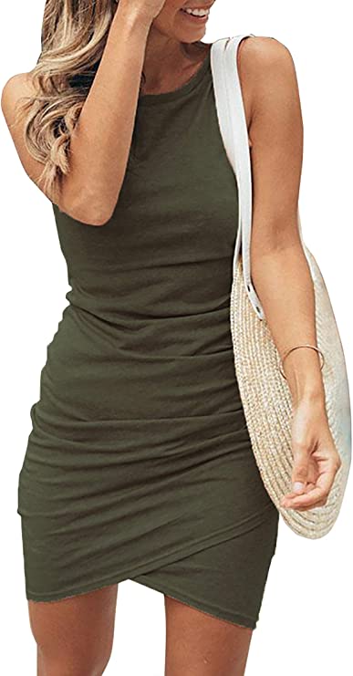 Dark Green 2 Women Casual Dress Crew Neck Ruched Summer Sleeveless Tank Bodycon Shirt Short Mini Dresses - BTFBM | Women's Club Dresses