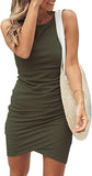 Dark Green 2 Women Casual Dress Crew Neck Ruched Summer Sleeveless Tank Bodycon Shirt Short Mini Dresses - BTFBM | Women's Club Dresses
