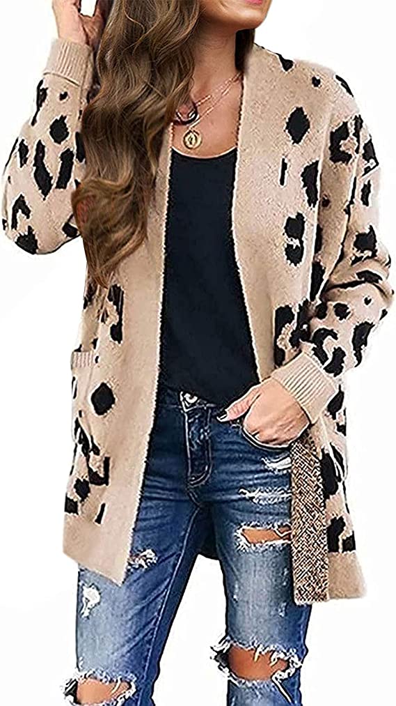 Beige Women's Open Front Leopard Knit Cardigan Sweaters Pockets Long Sleeve Outwear - MEROKEETY | Women's Cardigan