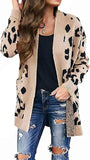 Beige Women's Open Front Leopard Knit Cardigan Sweaters Pockets Long Sleeve Outwear - MEROKEETY | Women's Cardigan