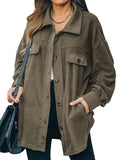 Olive Green Womens Button Down Shirts Shacket Jackets Mid Length Trench Pea Coat - FARYSAYS | Women's Coat & Jacket