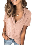 Khaki Half Sleeve Women Pompom Button Down Shirt Casual Blouse Top - Astylish | Women's Tops and Blouses