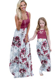 Wine Red Flower Summer Cute Mommy and Me Boho Striped Chevron Maxi Dresses - WIWIQS | Women's Casual Dresses