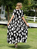 Black Plan Women Casual Loose Bohemian Floral Dress with Pockets Short Sleeve Long Maxi Summer Beach Swing Dress - Yesno | Women's Casual Dresses