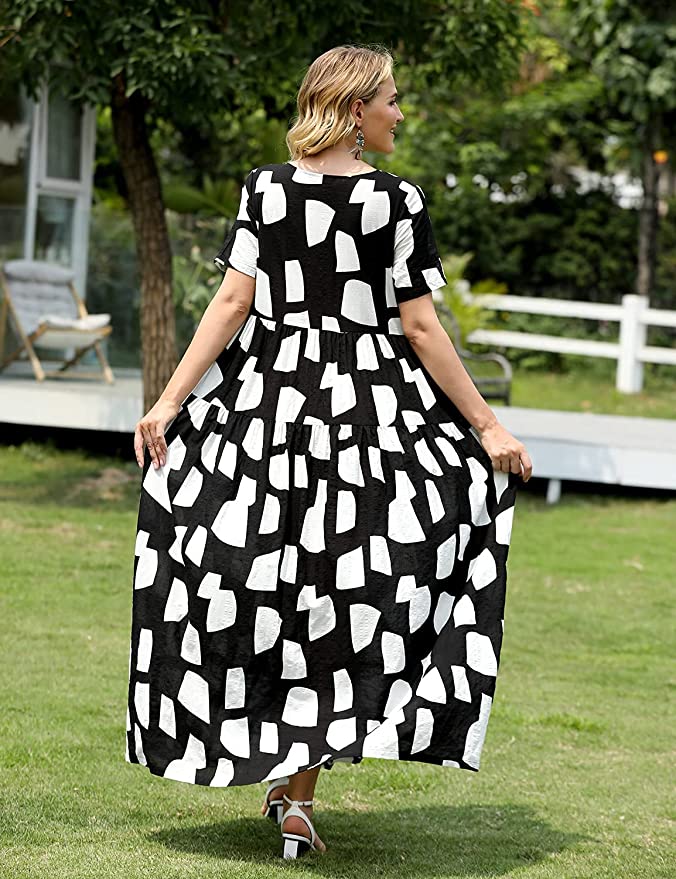 Black White Lace Knotted on the Left Women Casual Loose Bohemian Floral Dress with Pockets Short Sleeve Long Maxi Summer Beach Swing Dress - Yesno | Women's Casual Dresses