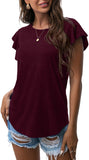 Wine Red Ruffle Short Sleeve Top Waffle Knit Tunic Casual Blouse Round Neck Shirts Summer Tank Tops for Women - IWOLLENCE | Women's Tops and Blouses