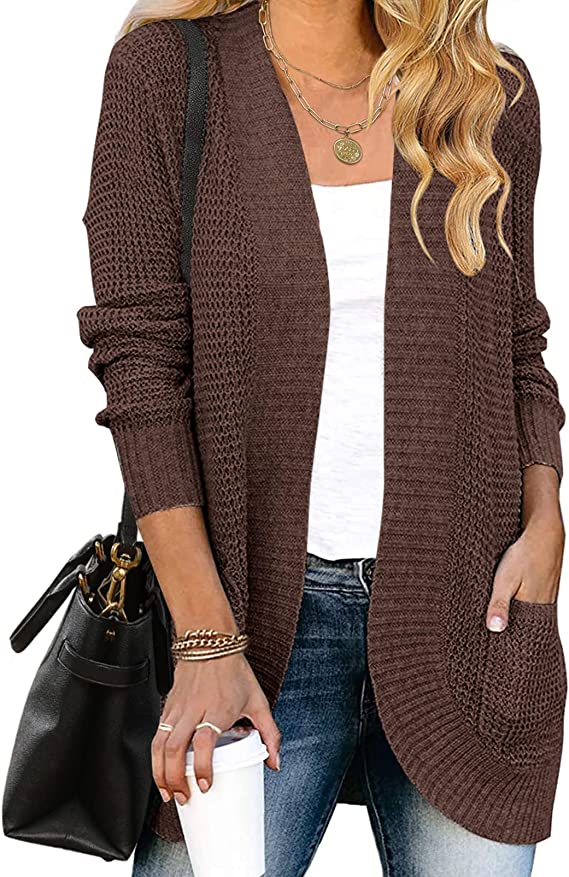 Coffee Women's Long Sleeve Open Front Casual Lightweight Soft Knit Cardigan Sweater Outerwear - ZESICA | Women's Cardigan