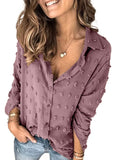 Purple Women Pompom Button Down Shirt Casual Blouse Top - Astylish | Women's Tops and Blouses
