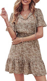 Apricot Women's Summer Boho Short Dresses Floral Print Tie Neck Short Sleeve Elastic High Waist Ruffle Mini Skater Dress - Prettygarden | Women's Casual Dresses
