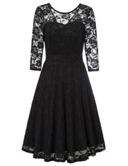 Navy Ladies Vintage Floral Cocktail Party Wedding Guest A Line Lace Dresses - JASAMBAC