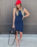 Dark Blue Women Casual Dress Crew Neck Ruched Summer Sleeveless Tank Bodycon Shirt Short Mini Dresses - BTFBM | Women's Club Dresses