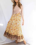 Yellow Women's Bohemian Floral Printed Elastic Waist A Line Maxi Skirt with Pockets - ZESICA | Women's Casual Dresses