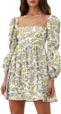 Yellow Floral Womens Square Neck Dress Long Puff Sleeve A-Line Casual Short Mini Dress - Exlura | Women's Casual Dresses