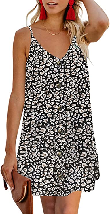 Black Multi Women Summer Spaghetti Strap Button Down V Neck Sleeveless Casual Mini Dress - AlvaQ | Women's Cocktail Dresses