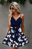Blue White Women's Sexy V Neck Printed Spaghetti Strap Beach Romper Shorts Jumpsuit - Angashion | Women's Cocktail Dresses