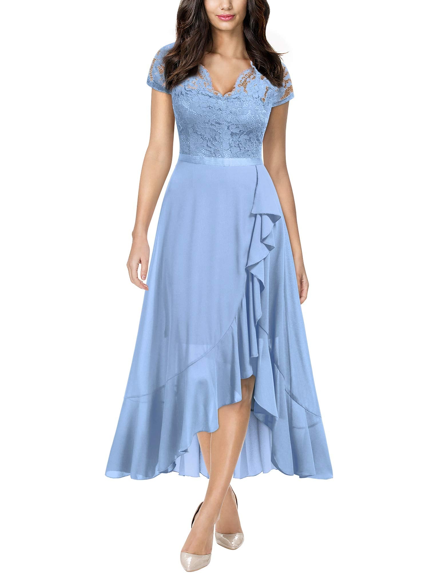 Light Blue Ladies Retro V-Neck Lace Ruffle Design Formal Party Maxi Dress - MIUSOL