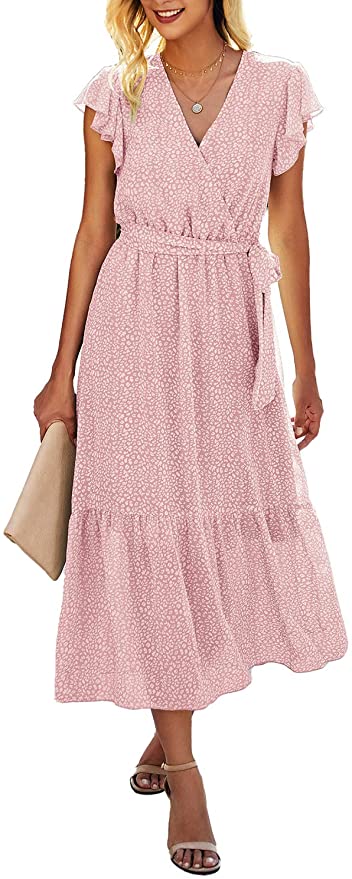 Red Women Summer Bohemian Floral Casual Wrap V Neck Ruffle Cap Sleeveless Belt A-Line Pleated Hem Swing Midi Sun Dress - BTFBM | Women's Casual Dresses