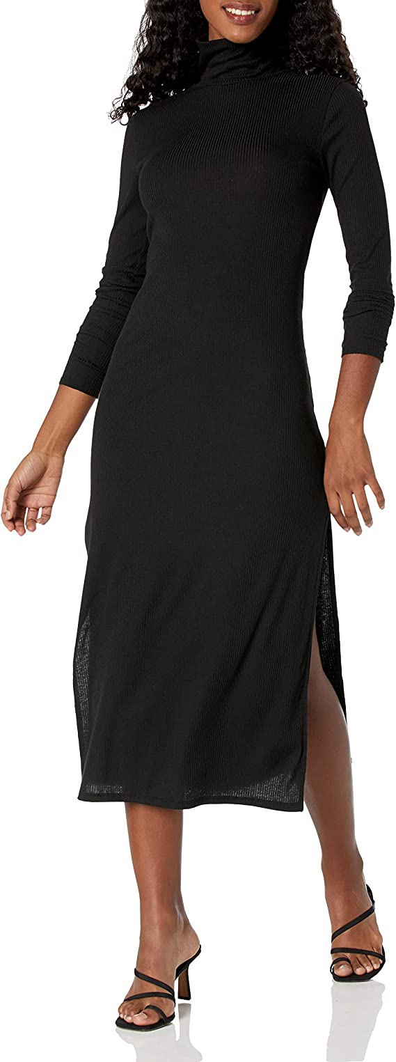 Black Women's Long Sleeve Turtleneck Ribbed Maxi Dress - Wild Meadow | Women's Casual Dresses