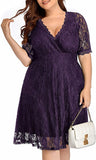 Purple Women Lace V Neck Plus Size Half Sleeve Knee Length Cocktail Wedding Guest Swing Dress - Pinup | Women's Cocktail Dresses
