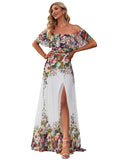 Floral Print Womens Off The Shoulder Ruffle Party Dresses Side Split Beach Maxi Dress - Ever-Pretty
