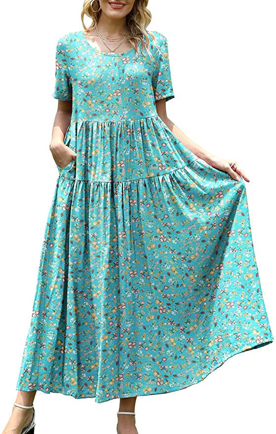 Green Flower Women Casual Loose Bohemian Floral Dress with Pockets Short Sleeve Long Maxi Summer Beach Swing Dress - Yesno | Women's Casual Dresses