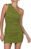 Sage Green Women's Sexy One Shoulder Ruched Sleeveless Bodycon Mini Short Dress - Lyaner | Women's Formal Dresses