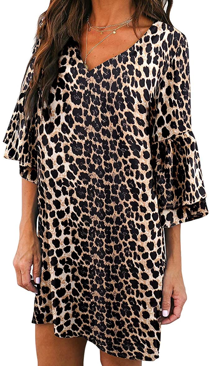 Leopard Print Women's Dress Sweet & Cute V-Neck Bell Sleeve Shift Dress Mini Dress - BELONGSCI | Women's Casual Dresses