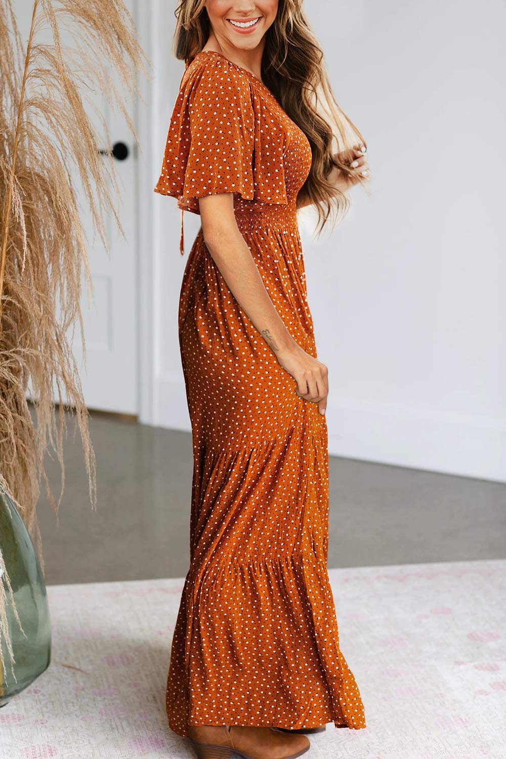 kranda maxi dress Kranda Summer Dresses for Women 2026 Vacation Beach Dress Round Neck Flutter Short Sleeve Tiered Ruffle Smocked Floral Maxi Dress Beige S at Amazon Women's Clothing store