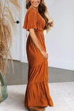 Rust Women's Round Neck Short Flutter Sleeve Smocked Ruffle Floral Maxi Dress - Kranda | Women's Formal Dresses