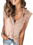 Khaki Women Pompom Button Down Shirt Casual Blouse Top - Astylish | Women's Tops and Blouses