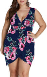 Floral Navy Blue Womens Plus Size Long Sleeves & Sleeveless Deep V Neck Bodycon Wrap Dress With Front Slit - Laolasi