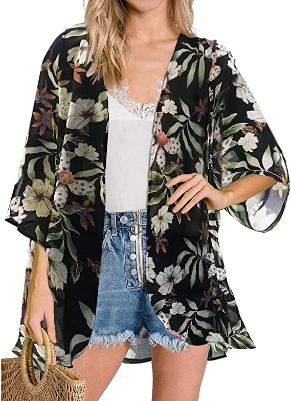 Leaf Print Black Women's Floral Print Puff Sleeve Kimono Cardigan Loose Cover Up Casual Blouse Tops - Chicgal | Women's Cardigan
