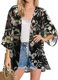 Leaf Print Black Women's Floral Print Puff Sleeve Kimono Cardigan Loose Cover Up Casual Blouse Tops - Chicgal | Women's Cardigan