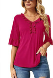 Fuchsia Red Casual V Neck T Shirts Loose Summer Tops Ruffle - Ivicoer | Women's Tops and Blouses